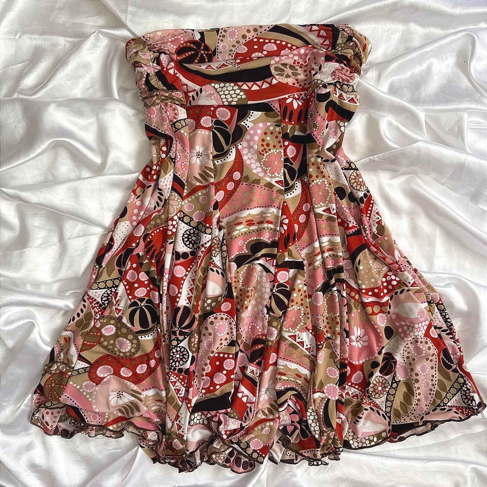 Apt. 9 Strapless Mini Dress Red Pink Abstract Paisley Print Lettuce Edge Large